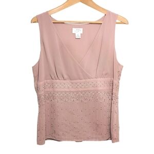 LOFT Dusty Rose Sleeveless Beaded V-Neck Blouse